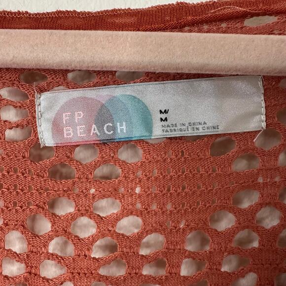 Md Free People Beach Cardigan Cover-Up Orange Open-Knit Pockets Boho Festival - Picture 4 of 7